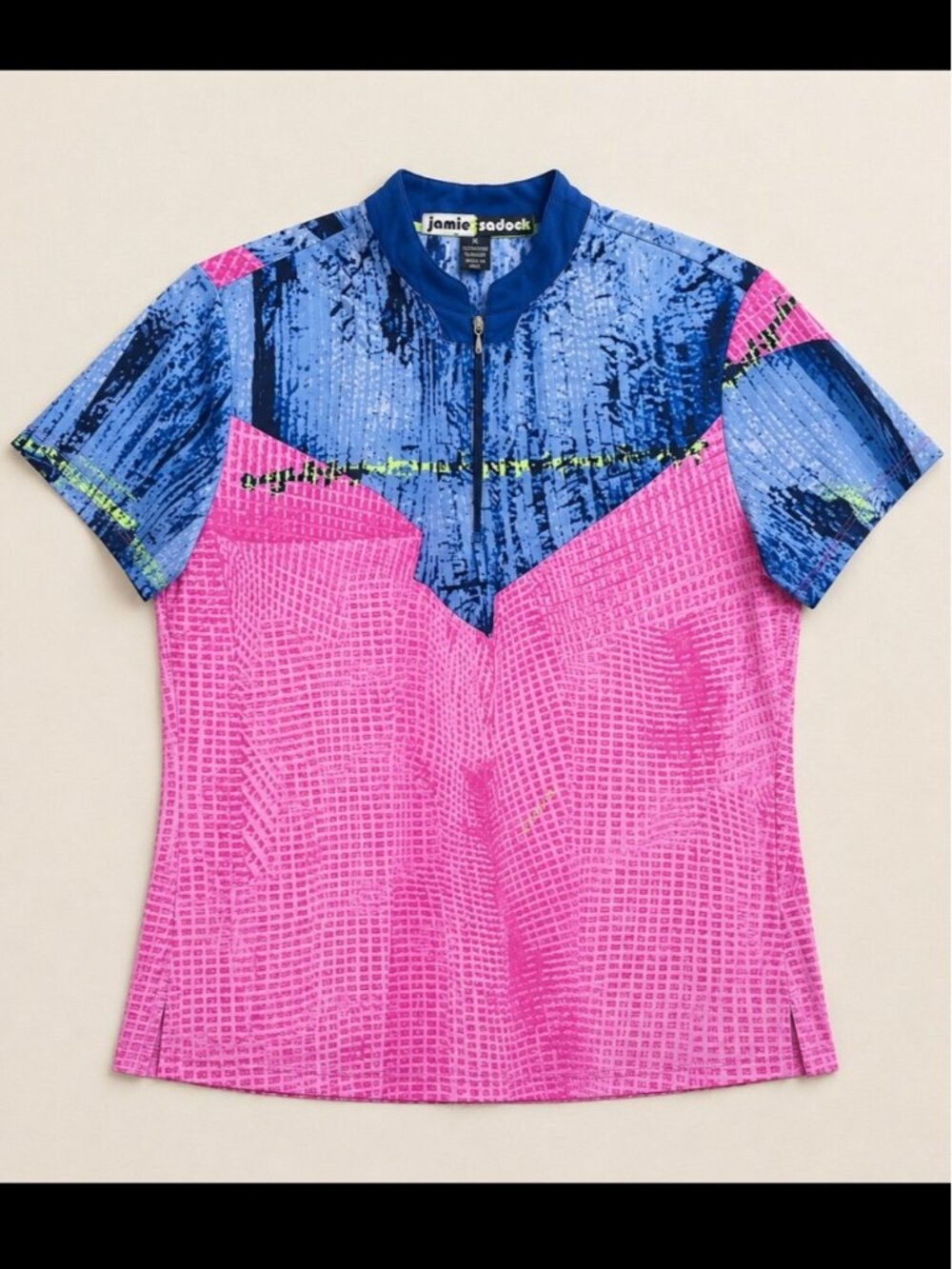 Jamie Sadock Golf Top XL Pink Blue Abstract Print 1/4 Zip Stretch Shirt Quirky